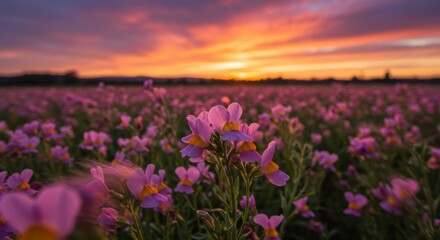 Fototapeta premium A vibrant field of pink nemesia flowers under a stunning sunset, showcasing nature's beauty and tranquility