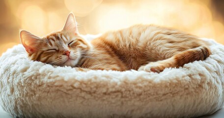 Relaxed Orange Cat Sleeping Serenely on Plush Bed with Soft Textures and Warm Lighting - Comforting Animal Portrait for Relaxation and Calming
