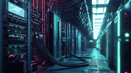 Futuristic data center with glowing neon lights, high-tech servers, and organized cables in a cyberpunk-inspired environment