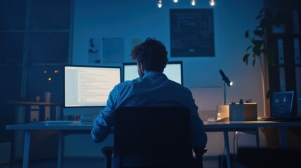 Video generation in a tech startup office with a developer coding on a computer. Featuring innovation and technology