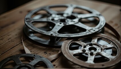 Fototapeta premium Vintage Film Reel Collection on Wooden Table Background