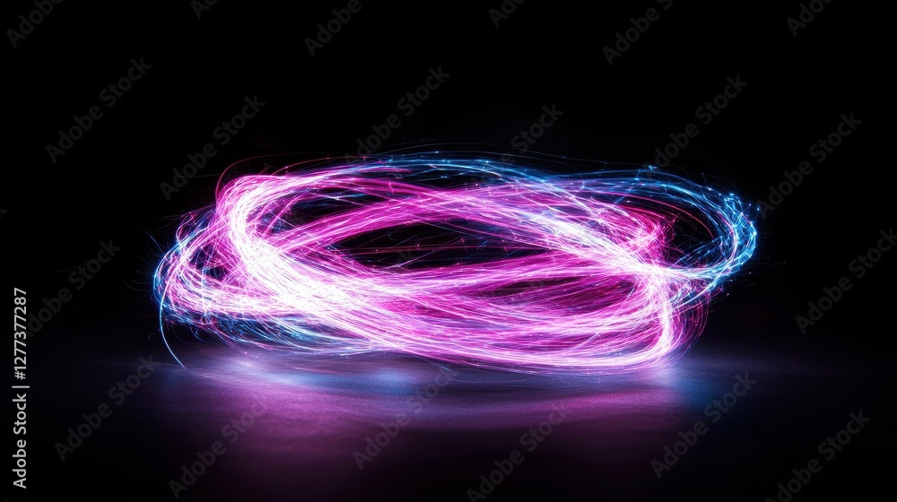 Poster a vibrant swirl of pink and blue light arcs against a dark background, creating a dynamic and energe