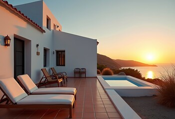 Fototapeta premium Golden Sunset at a Mediterranean Beach House: White-Washed Walls, Terracotta Patio & Simple Coastal Charm