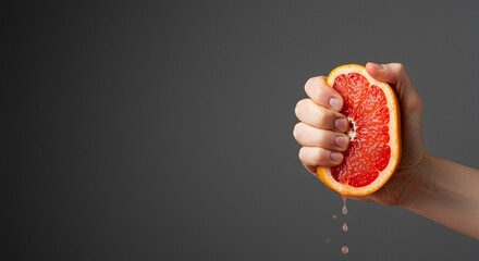 Grapefruit squeeze in hand against gray background. Hand squeezing grapefruit half juice dripping on gray background