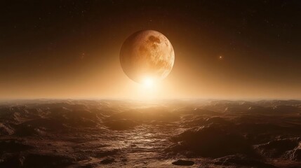 Fototapeta premium A planet rising over a barren landscape.