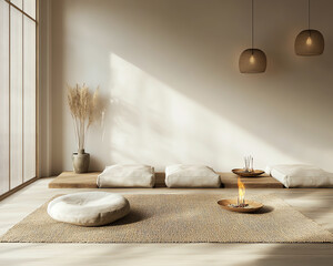 A serene and minimalist interior featuring natural light, warm tones, and inviting seating areas...