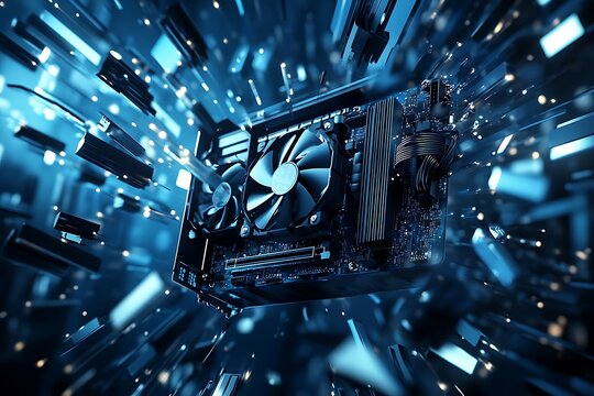 Rendering of computer graphics cards in data center. Technology concept