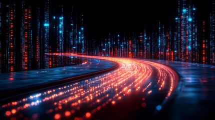 Abstract 3D illustration of 5G technology symbolizing high-speed wireless data transmission. Digital funnel visualizes big data flow in cyberspace with modern bright tones and blurred space