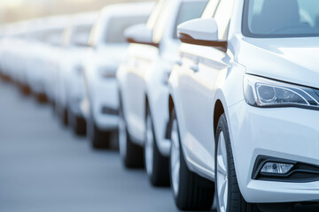 Fototapeta premium Fleet of hybrid vehicles parked, lined in row shows eco friendly future