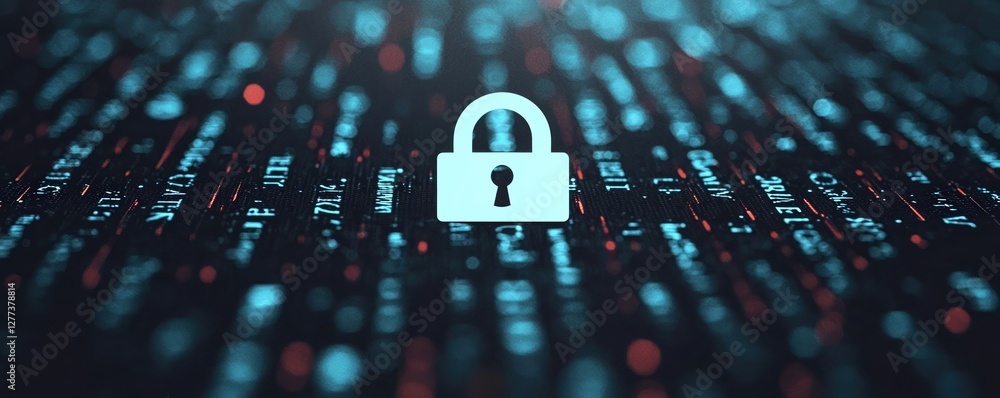 Poster e-government concepts. digital lock icon amidst a backdrop of glowing data streams.
