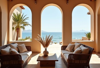 Obraz premium Minimalist Beachside Patio: Mediterranean Style, Neutral Tones, and a Warm View Framed by Stone Columns