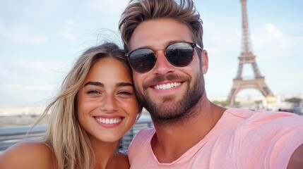 Couple captures joyful moment in front of Eiffel Tower during summer trip