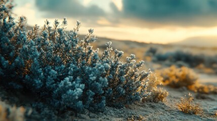 Obraz premium A desert landscape with small bushes and sand