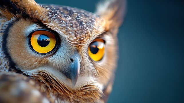 Majestic horned owl gazes piercingly with yellow eyes against a dark backdrop
