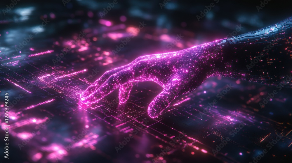 Aufkleber futuristic glowing hand reaching towards a digital interface filled with vibrant data patterns