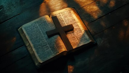 Holy Bible with wooden cross in dramatic lighting. Religious background for Easter, Christmas, Good Friday. Christian faith symbol on dark wooden table
