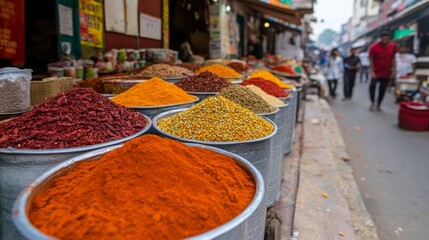 Vibrant and Colorful Spices Displayed in Baskets at a Traditional Market Setting, Showcasing an Array of Colors and Textures in a Bustling Environment