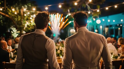 Fototapeta premium Romantic LGBTQ Couple Holding Hands with Fireworks in Background