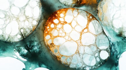 Aging cells viewed under a microscope in a modern lab. Featuring biological decay and aging effects