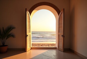 Arched Window with a Mediterranean View: Golden Beach, Gentle Waves & Minimal Wooden Shutters

