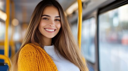 Joyful journey of a young pregnant woman on a city bus