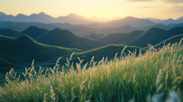 serene landscape of mountains and grass field at dusk