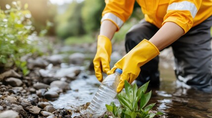 Volunteer cleaning river of plastic waste to safeguard the environment