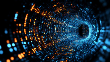 Abstract 3D illustration of 5G technology symbolizing high-speed wireless data transmission. Digital funnel visualizes big data flow in cyberspace with modern bright tones and blurred space
