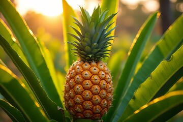Obraz premium Ripe Pineapple on a Plant in Sunlight