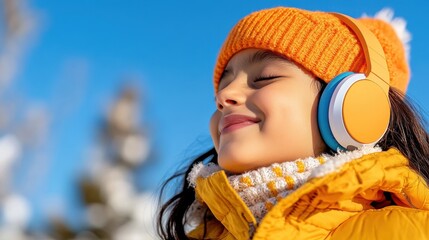 Young Indian girl enjoys music during a bright winter morning walk