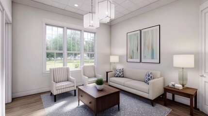 Modern and Inviting Living Room Interior with Elegant Furniture, Stylish Decor, and Abundant Natural Light, Perfect for Interior Design Inspiration and Home Staging