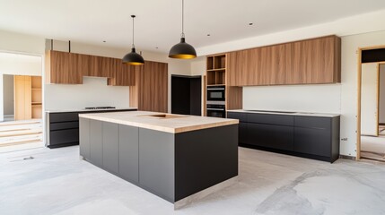 Modern kitchen interior design featuring a spacious island with wooden countertop, dark cabinets, and stylish pendant lighting in open-concept layout