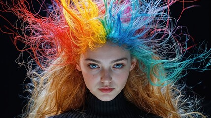 Vivid rainbow strands of hair swirl dramatically around a model's face as she gazes intently,...