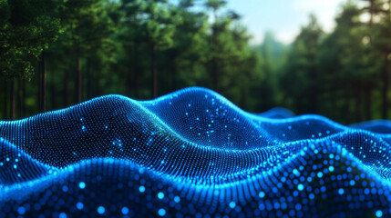 Abstract 3D illustration of 5G technology symbolizing high-speed wireless data transmission. Digital funnel visualizes big data flow in cyberspace with modern bright tones and blurred space