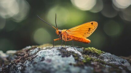 Obraz premium A large orange insect with long antennae and wings perched on a rock