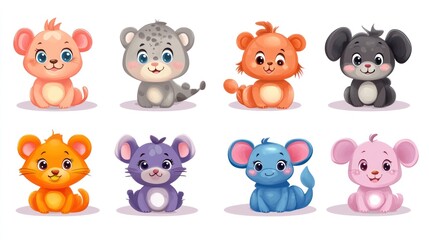 Obraz premium Cute cartoon animal characters set. Collection of adorable, stylized animal illustrations, various colors, sitting poses.