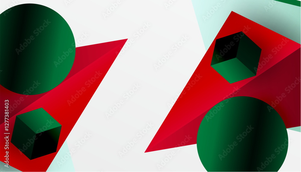 Poster abstract design showcasing isometric cubes, pyramids, squares, and spheres in a vibrant 3d layout. m