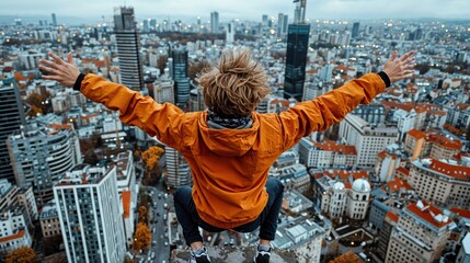 With arms wide open, a young person wearing an orange jacket sits atop a city rooftop, reveling in the breathtaking panorama of skyscrapers and sprawling neighborhoods at dusk.