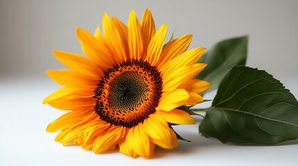 Obraz premium Single sunflower with vibrant yellow petals isolated on a white background fresh and cheerful minimalism
