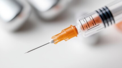 Syringe needle poised for medical precision over a clean white surface