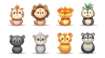 Fototapeta premium Cute cartoon animal characters, set of six, adorable and stylized, with fluffy fur, smiling faces, various animal types, sitting pose, isolated on white background.