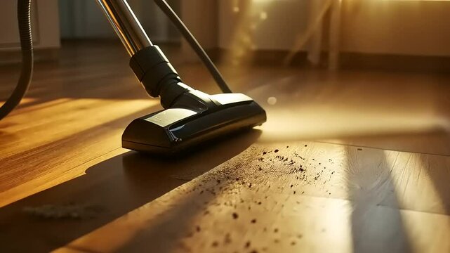 Vacuum cleaner cleaning hardwood floor, dust and debris removed in sunlit room.
