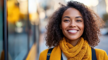 Portrait of a young woman waiting at a bus stop in a vibrant city