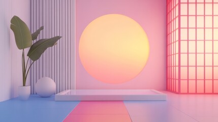 Soft Pastel Room with Large Circular Sun and Minimalist Decor Featuring Plant, Sphere, and Geometric Structure Aesthetic for Modern Interior Design Inspiration