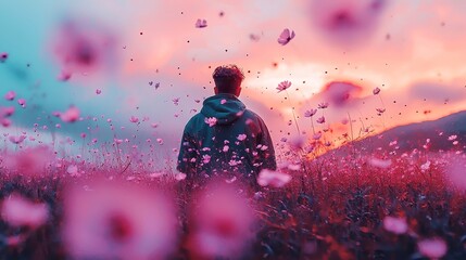 Whimsical purple flower field, soft and dreamy hues, gentle brush strokes create a serene and enchanting atmosphere, inviting tranquility and joy in nature's beauty.