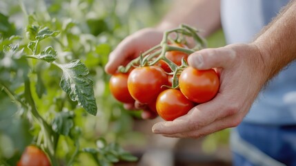 Joyful organic farmer gathering ripe tomatoes in vibrant greenhouse garden