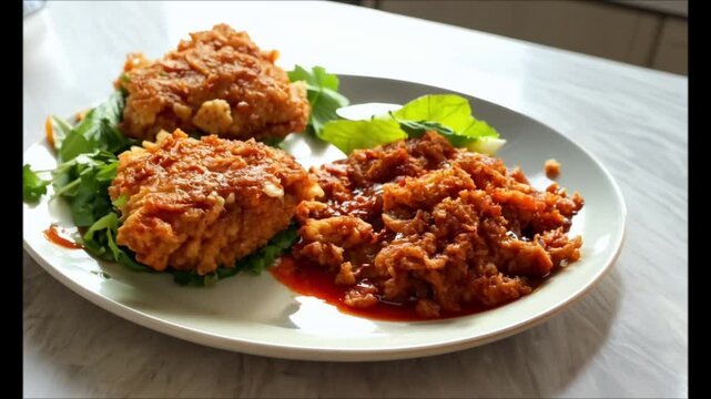 Ayam goreng dan sambal di piring 