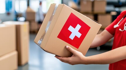 A person holds a first aid kit box marked with a red cross against a backdrop of stacked cardboard boxes in a storage environment.