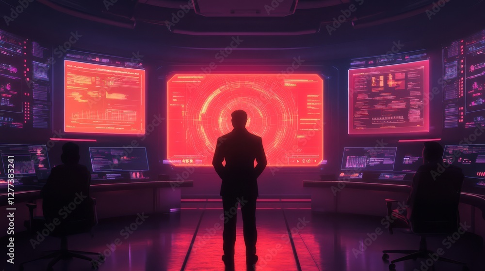 Poster businessman in dark suit analyzing data on digital screen surrounded by high-tech displays in futuri
