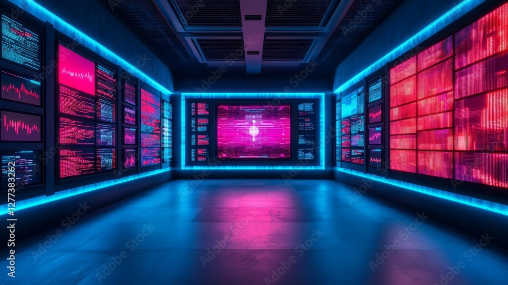 Poster futuristic data center interior with neon digital displays and colorful visualizations showcasing ad